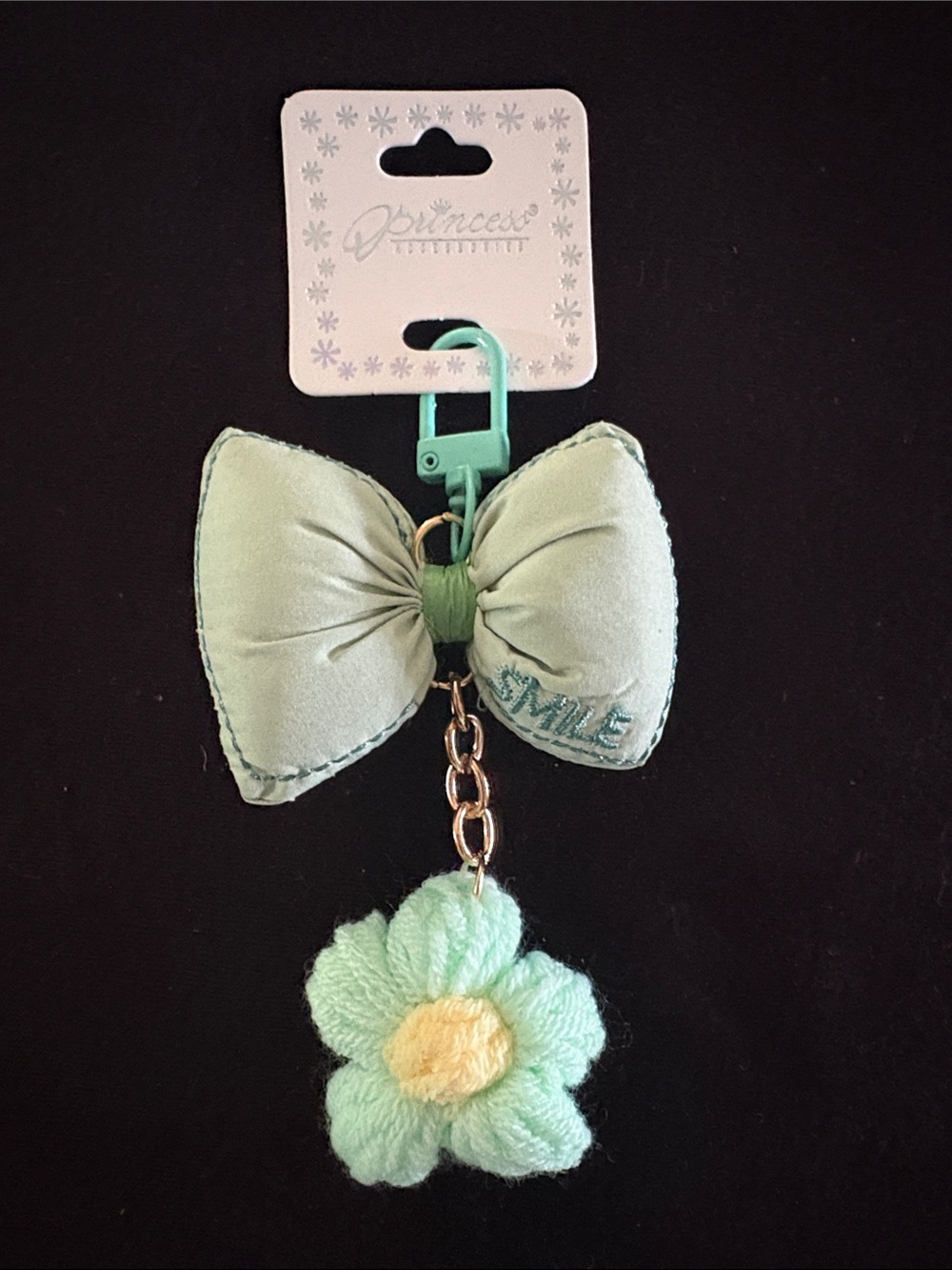 Cute Mint Green Bow & Crochet Flower Keychain Bag Charm Zipper Pull